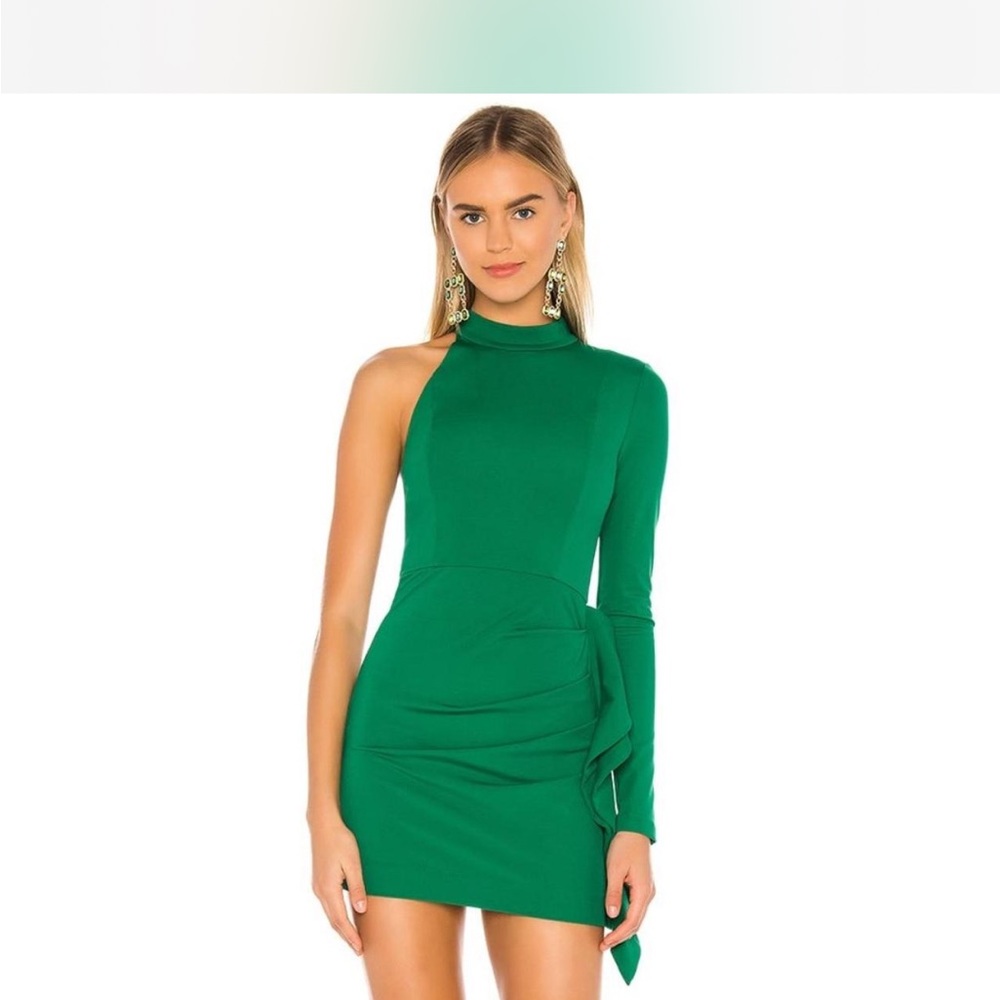 NBD Taj Green Asymmetrical Ruched Cocktail Mini Dress